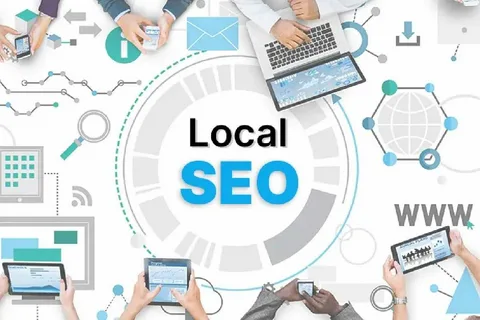Illustration showing local SEO tips for small businesses with maps, location pins, and charts - Amnadigitaltraining