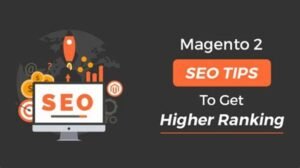 Infographic showing Magento SEO tips for eCommerce websites including keyword optimization, on-page SEO, technical SEO, and local SEO strategies
